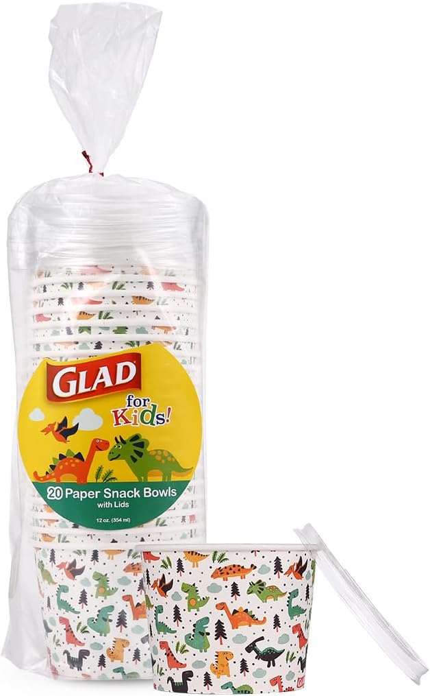 Glad for Kids Dinosaur Party Supplies - Heavy Duty Disposable Paper Snack Bowls with Lids, Perfect for Birthday Parties, Colorful Party Plates. Great for Dessert, 12 Ounce - 20 Count