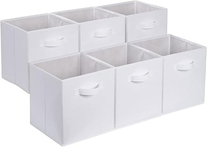 Amazon Basics Collapsible Fabric Storage Bins with Handles, Cube Organizer, 13"x13"x13", White, 6-Pack