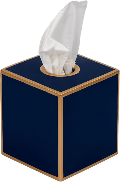 Jaye’s Studio Decorative Tissue Box Holder Square – Indigo Blue Tissue Box Cover Gold Tissue Holder for Bathroom Accessories Countertop, Farmhouse Bedroom Decor, Office Metal Tissue Box Covers Cube