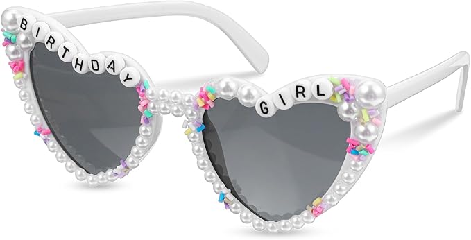 Birthday Glasses for Women, Birthday Girl Heart-Shaped Sunglasses with Pearl, White Stylish Happy Birthdays Sunglasses for Birthdays Party Accessories, Women & Girls Outfit Gift