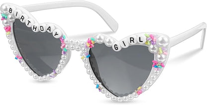Birthday Glasses for Women, Birthday Girl Heart-Shaped Sunglasses with Pearl, White Stylish Happy Birthdays Sunglasses for Birthdays Party Accessories, Women & Girls Outfit Gift
