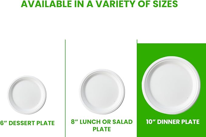 Round Compostable Plates, Disposable Sturdy, Sugarcane Biodegradable, Microwave Freezer Safe for Parties, Weddings, Events (10 Inch, 125, Count)