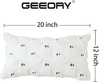 GEEORY Halloween Ghost Soft Plush Pillow Covers, 12 x 20 Inch Set of 2, Fluffy Faux Fur Wool Decorative Farmhouse Cushion Case for Sofa Home Decoration White GC026-12