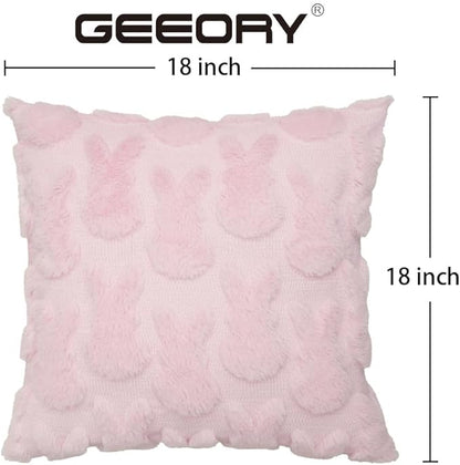 GEEORY Easter Bunny Soft Plush Pillow Covers, 18 x 18 Inch Set of 2, Fluffy Faux Fur Wool Decorative Farmhouse Cushion Case for Sofa Home Decoration Pink GC015-18