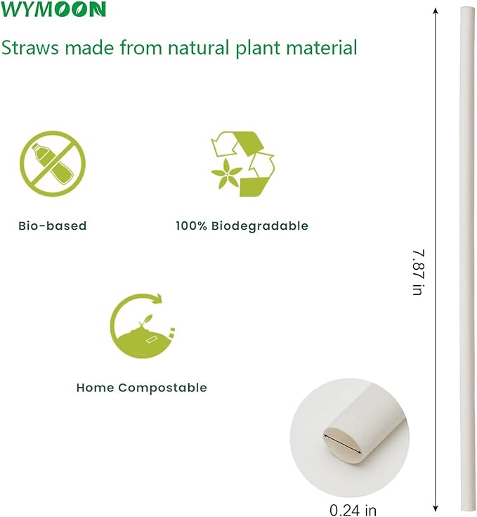 Biodegradable Straws made of Natural Plant | 200 PCS 7.8'' Compostable Eco-Friendly Drinking Straws Disposable | Durable for Hot & Cold Drinks