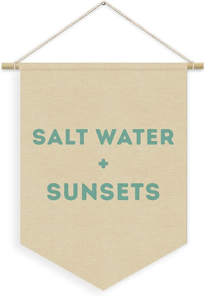Ocean Nursery Decor, Salt Water Sunsets Beach Linen Canvas Banner, Neutral Coastal Nautical Nursery Wall Hanging Pennant Flag Banner for Kids Toddler Room Bedroom Playroom Decor, 15x11in
