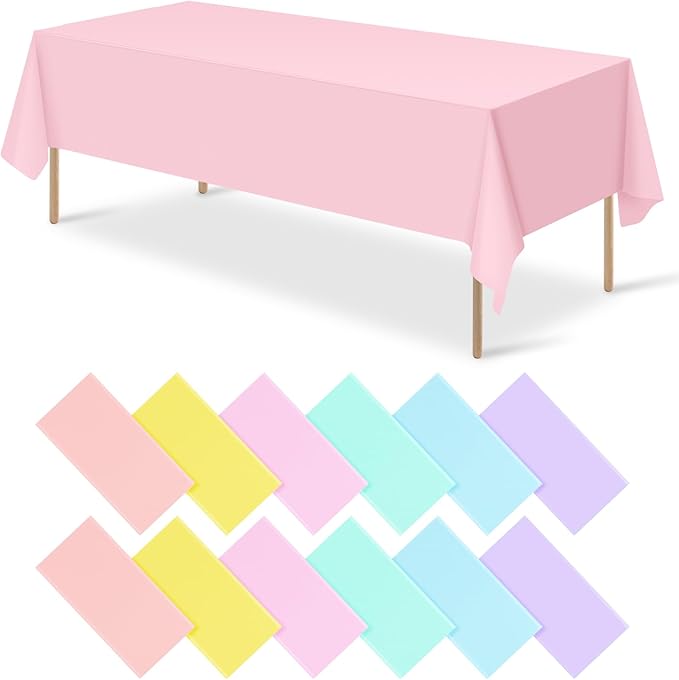 12Pcs Plastic Pastel Color Tablecloths,Assorted Color Table Cloth Disposable Rectangle Table Covers for Baby Shower, Wedding,Birthday Party,Spring Easter and Summer Party Decorations, 54 x 108 Inch