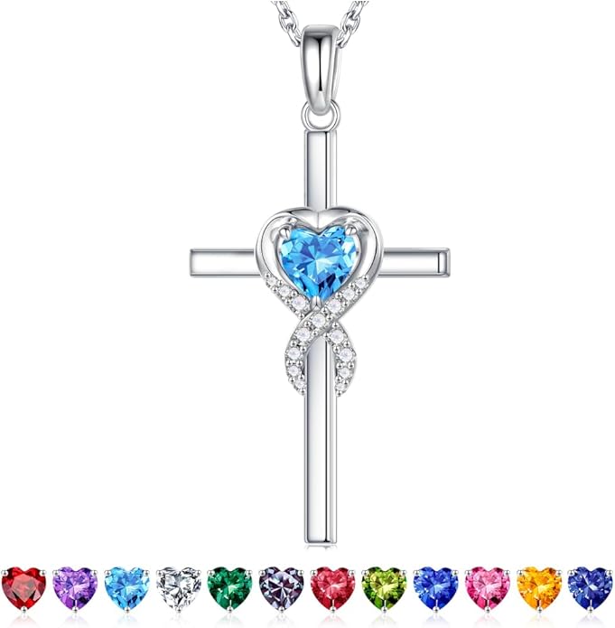 Iefil Cross Necklace for Women - 925 Sterling Silver Birthstone Necklace Jewelry Gifts for Women Wife