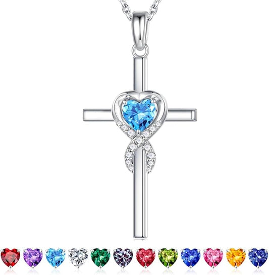 Iefil Cross Necklace for Women - 925 Sterling Silver Birthstone Necklace Jewelry Gifts for Women Wife