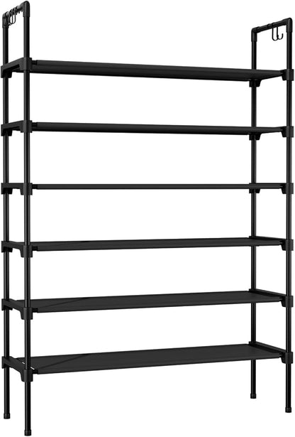 LANTEFUL 6 Tier Shoe Rack for Closet Shoe Organizer with 5 Hooks, Long Shoe Shelf Storage for Shoe and Boot Stackable Free Standing Shoe Rack for Entryway, Garage, Small Spaces, Dorm, Black