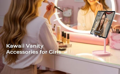 LISEN Pink Gifts Home Girls Room Decor for Desk Accessories, Cute Desk Pink Phone Stand Office Vanity Accessories for Girls Moms Bathroom Essentials Decor for iPhone Kindle Stand 4-10 inch Tablet