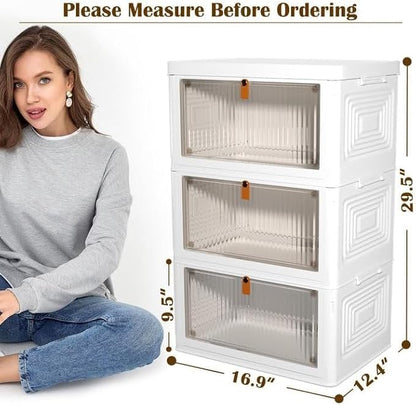 3 Tier Plastic Storage Bins with Lids 35QT, Stackable Storage Containers with Wheels, Folding Storage Boxes, Extra Large Collapsible Storage Bins, White