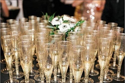 Oojami 100 Plastic Classic Champagne Disposable Flutes for Parties Plastic cups Wedding Party Toasting Cocktail Cups Bulk Party Pack (Gold Glitter)