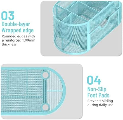 Mesh Desk Organizer with Drawer, 9-Compartment Pen Holder for Desk, Blue