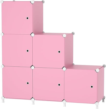 Cube Storage Organizer, 6-Cube Shelves Unit with Doors, DIY Stackable Plastic Clothes Organizer for Bedroom and Under Stairs Storage Unit, Each Compartment 30 x 30 x 30 cm Pink ATTSL6006