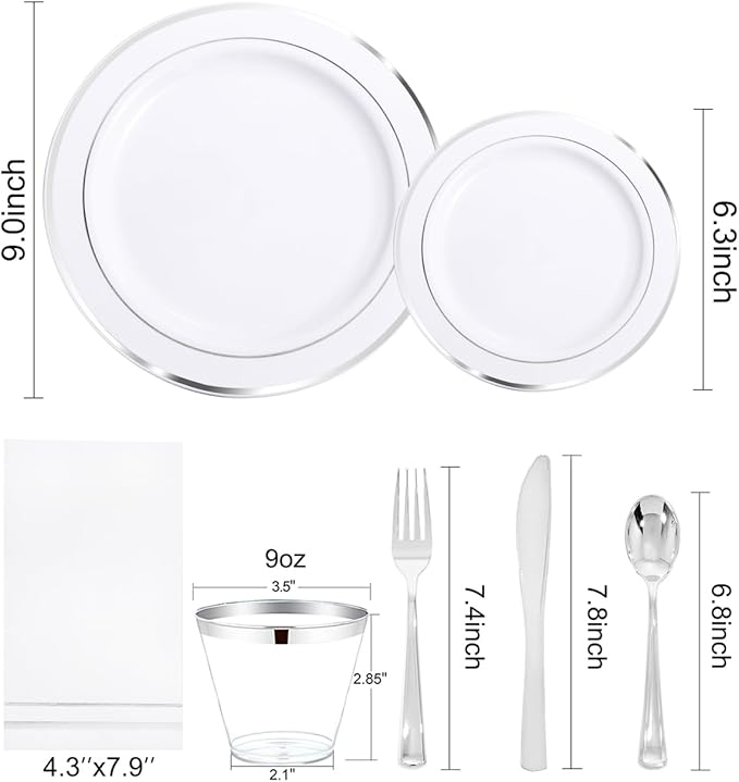 GATHER 350PCS Silver Plastic Plates - White and Silver Disposable Plates for 50 Guests Includes 50 Dinner Plates 50 Dessert Plate 50 Napkins 150 Silvery Cutlery and 50 Cups for Party & Christmas