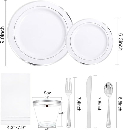 GATHER 350PCS Silver Plastic Plates - White and Silver Disposable Plates for 50 Guests Includes 50 Dinner Plates 50 Dessert Plate 50 Napkins 150 Silvery Cutlery and 50 Cups for Party & Christmas