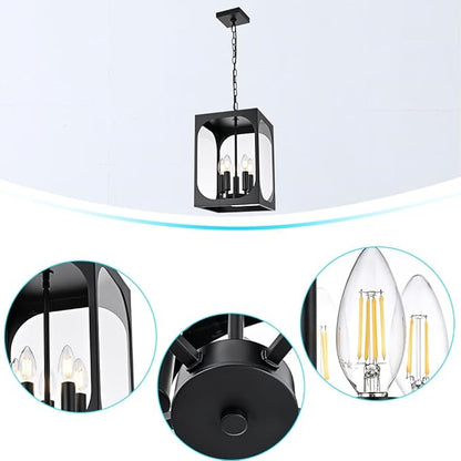 BONLICHT Large Outdoor Chandelier for Porch, 5-Light Modern Outdoor Pendant Light with Clear Glass,Black Exterior Pendant Lighting Fixture Ceiling Mount Pendant Lantern for Patio Doorway Foyer Garden