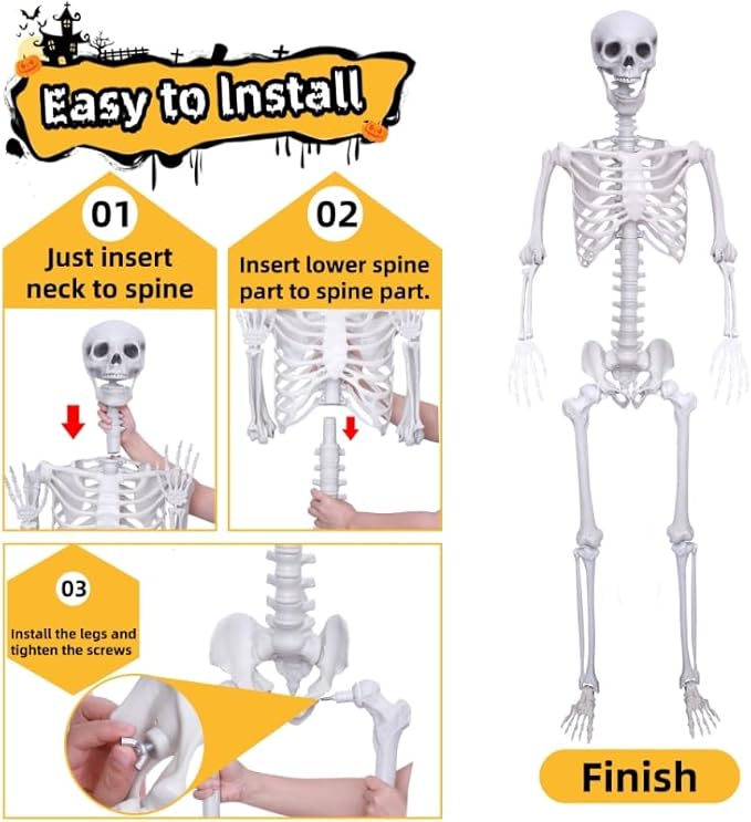 Wocst 6Ft Life Size Skeleton Posable Skeleton with Movable Joints Halloween Full Body Plastic Human Bones with 2PCS Black Crows for Halloween Indoor Outdoor Decor