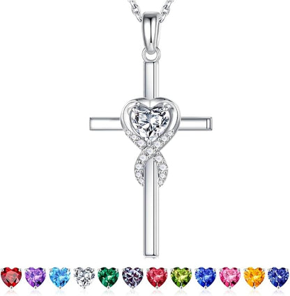 Iefil Cross Necklace for Women - 925 Sterling Silver Birthstone Necklace Jewelry Gifts for Women Wife