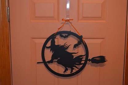 RealSteel Witch Halloween Decoration - Metal Broom Riding Décor - Scary Indoor Outdoor Wall Sign for Haunted Houses - Wicked Witch Flying Porch Art - Flying Bats Front Door Art (12, Black)