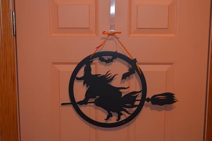 RealSteel Witch Halloween Decoration - Metal Broom Riding Décor - Scary Indoor Outdoor Wall Sign for Haunted Houses - Wicked Witch Flying Porch Art - Flying Bats Front Door Art (18, Orange)