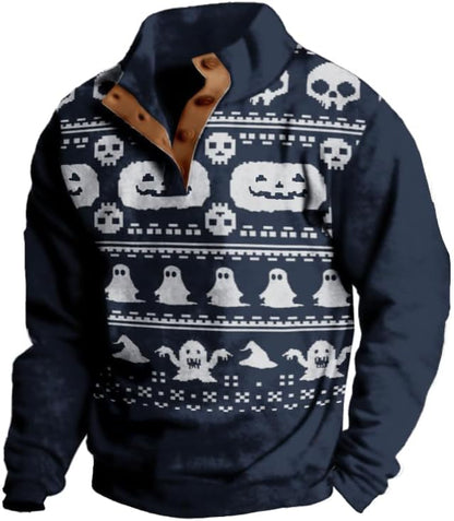 Mens Western Halloween Hoodie Button Up Henley Shirt Cowboys Sweatshirt Men Graphic Long Sleeve Pullover Tops