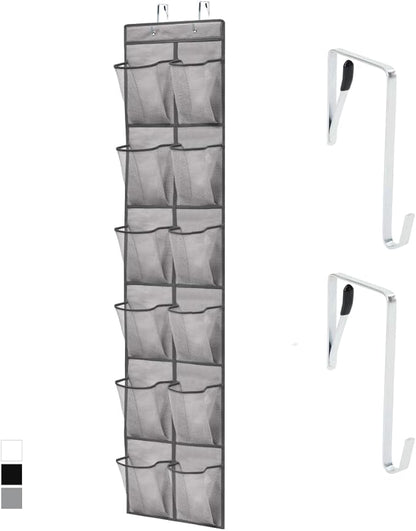 GORILLA GRIP Over the Door Shoe Organizer, 12 Large Breathable Mesh Pockets, Space Saving Hanging Storage Holder, 2 Hook Closet Rack Hanger, Hangs on Closets for Shoes, Accessories, 64H x 9.5W Grey
