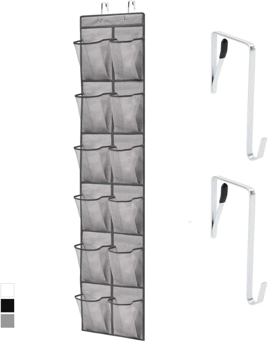 GORILLA GRIP Over the Door Shoe Organizer, 12 Large Breathable Mesh Pockets, Space Saving Hanging Storage Holder, 2 Hook Closet Rack Hanger, Hangs on Closets for Shoes, Accessories, 64H x 9.5W Grey