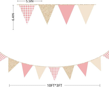 Dusty Rose Pink Buffalo Plaid Champagne Gold Party Decorations Pennant Banner Flag Hanging Glitter Paper Triangle Bunting for Women Girls Birthday Baby Shower Wedding Bridal Shower Hen Party Supplies