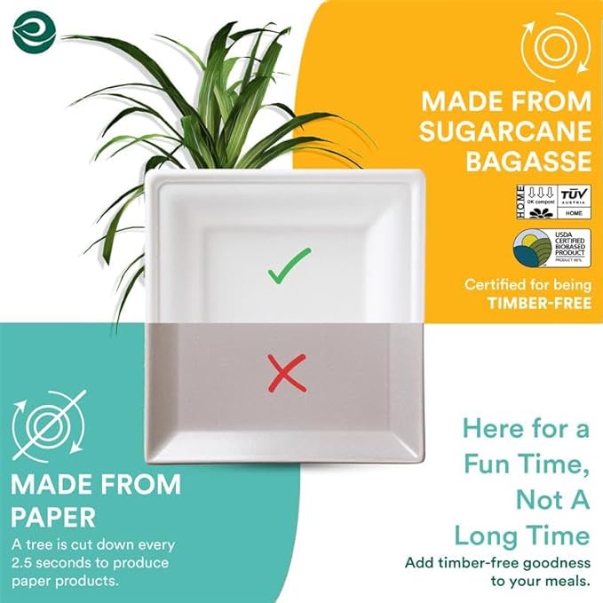 ECO SOUL 100% Compostable Square Paper Plates 10 Inch [100-Pack] Biodegradable Heavy Duty Eco-Friendly Disposable Plates for Thanksgiving Dinner, Parties, Wedding & Event(White)