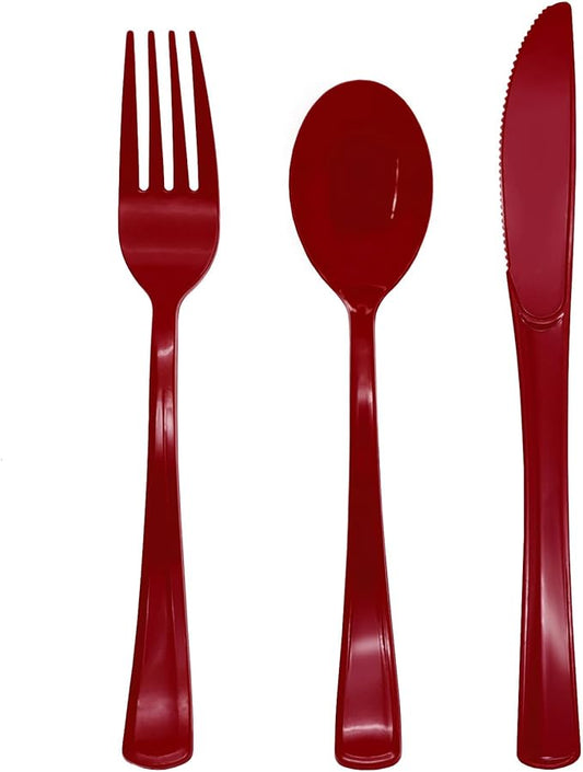 150 Pack Burgundy Plastic Cutlery, Maroon Plastic Silverware Heavy Duty, Burgund Silverware Set Disposable, 50 Forks 50 Spoons 50 Knives for Birthday Graduation Party Decor