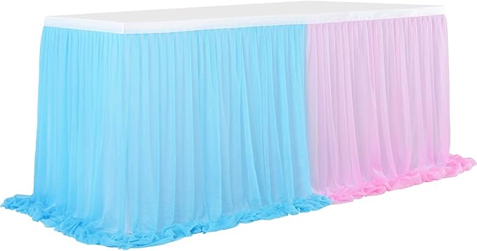 Pink Blue Tulle Table Skirts Gender Reveal Tutu Table Skirt Baby Shower Tablecloth for Girl Boy Birthday Party Cake Dessert Banquet Table Decorations 14ft