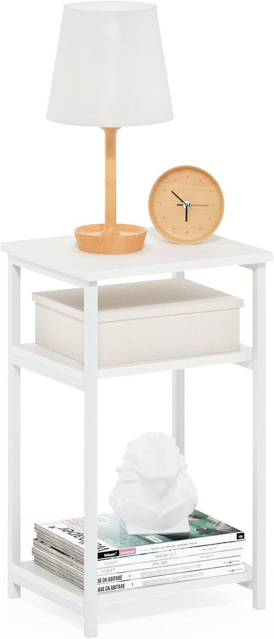 Furinno JUST Side Table, 3-Tier Metal Frame Modern End Table with Open Shelf, Night Stand, Bedside Table, for Living Room, Bedroom, White