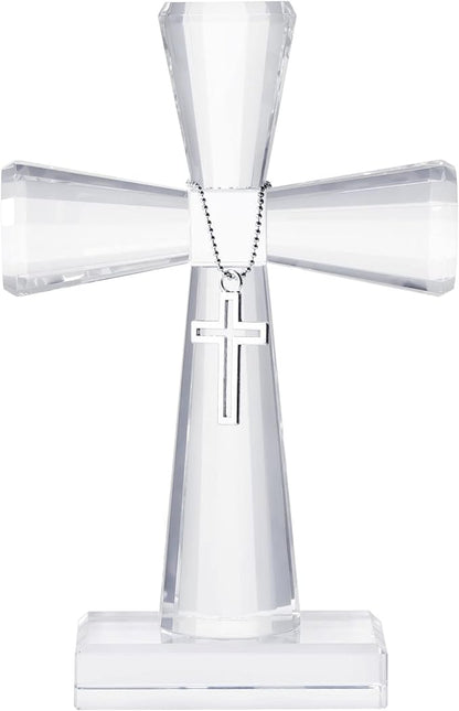 YWHL Handmade Crystal Cross Standing Religious Gifts for Women Men, Glass Cross Collectible Figurines for Home Decoration
