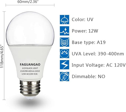 FAGUANGAO LED Black Light Bulb,12W(100Watt Equivalent) A19 UV Blacklight Bulb,120V,UVA Level 390-400nm,E26 Medium Base,Glow in The Dark for Blacklight Party,Fluorescent Poster,Neon Glow(2 Pack)