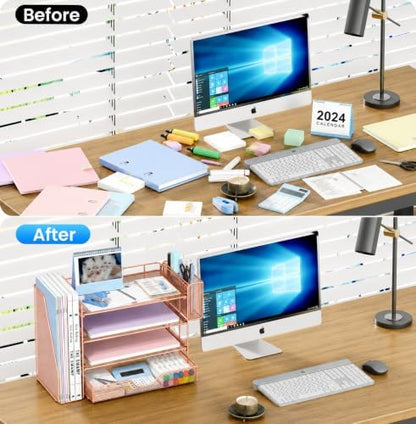 OPNICE Desk Organizers and Accessories, 4-Tier Desktop File Organizer with Drawer and Pen Holders, Office Desk Accessories Workspace Organizers for Office Supplies (Rose Gold)