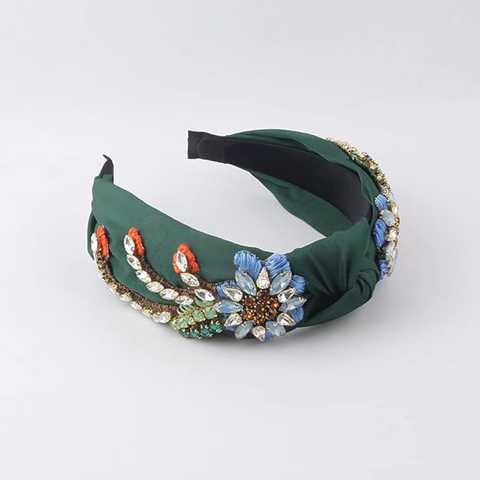 Yusier Women's Baroque Rhinestone Crystal Headbands - Embroidered Satin Hair Accessories, Exquisite Hairband in a Variety of Colors (Dark Green)