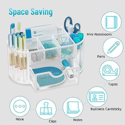 Mesh Desk Organizer with Drawer, 9-Compartment Pen Holder for Desk, White