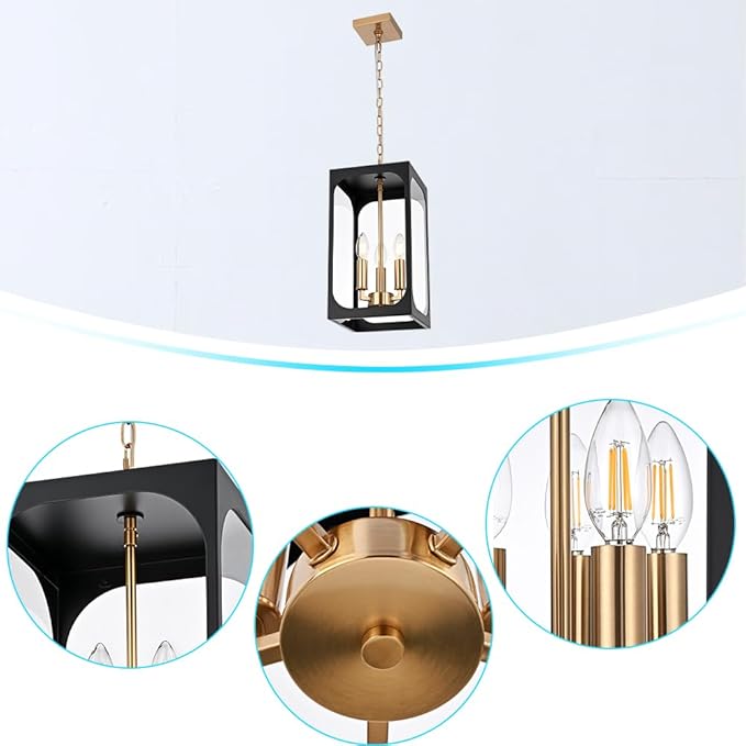 BONLICHT Black Outdoor Pendant Light Fixture 3 Light Modern Outdoor Chandelier with Clear Glass,Brushed Brass Outside Porch Lights Ceiling Hanging Exterior Pendant Lighting Fixture for Gazebo Foyer