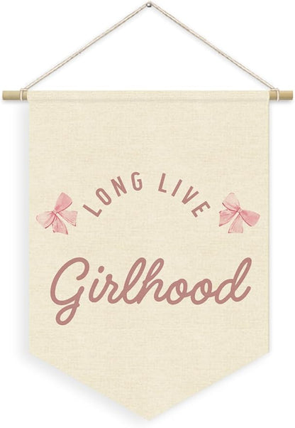 Girls Room Decor, Long Live Girlhood Girl Nursery Linen Canvas Banner, Coquette Pink Bow Wall Hanging Pennant Flag Banner for Girl Nursery Room Bedroom Dorm Decor, 15x11in