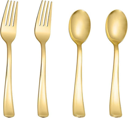 N9R 100PCS Gold Plastic Silverware, Heavy Duty Disposable Cutlery Set for Parties, Disposable Plastic Spoons and Forks Includes 50 Gold Spoons and 50 Forks for Weddings, Birthday, Dinners