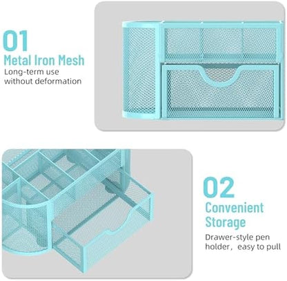 Mesh Desk Organizer with Drawer, 9-Compartment Pen Holder for Desk, Blue