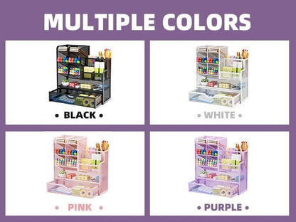 Marbrasse Mesh Pen Holder for Desk, Multi-Functional Pencil Organizer with Drawer, Desk Organizers and Accessories for Office Art Supplies (Purple)