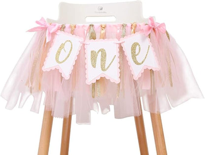 Highchair Banner 1st Birthday Girl - Tulle And Ribbon Banner For First Birthday, Cake Smash Photo Prop, Party Supplies (Pink)