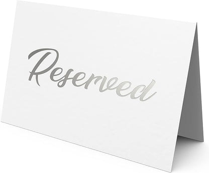 10 Pack Silver Reserved Table Signs for Wedding 3x4 Cardstock Reserved Seating Signs Double Sided Table Tent Reservation Card for Restaurant Receptions Celebrations Party - White with Silver Letters
