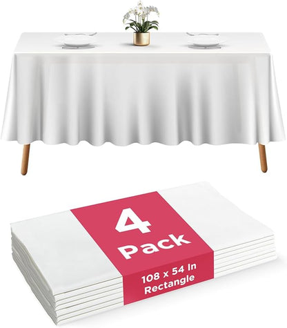 Prestee 4 Pack Plastic Table Cloth Disposable - 108" x 54" White Table Cloth Rectangle Table Cover - Heavy-Duty Waterproof Disposable Tablecloths for Weddings, Parties, BBQs, and Outdoor Dining Events