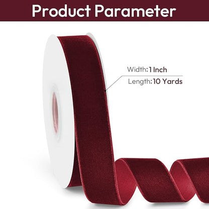 1" Wide Velvet Ribbon, 10 Yards - Burgundy Vine Red Velvet Ribbon on Spool for Crafts, Gift Wrapping, DIY, Hair Bows, Wedding Invitations, Parties, Valentine's Day, and Christmas