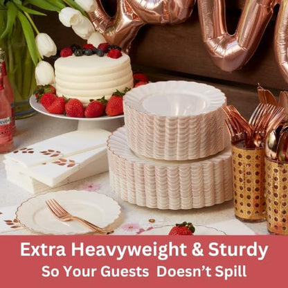 By Madee HEAVYWEIGHT 100 Pc Fancy Plastic Plates for Thanksgiving Dinner – Ivory Scalloped Plates with Rose Gold Trim 50 Dinner & 50 Dessert Disposable for Fall Party & Friendsgiving (50 Guests)