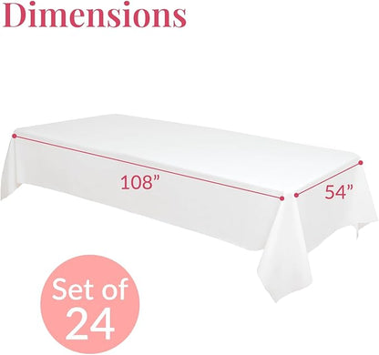 Prestee 24 Pack Plastic Table Cloth Disposable - 108" x 54" White Table Cloth Rectangle for Indoor or Outdoor Use - White Tablecloths for Weddings, Parties - Plastic Table Cover for Fine Dining Events
